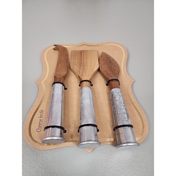Slotted Spoon SET Cheese Knife Set LOT Wood Galvanized Metal Handle Farmhouse - Picture 4 of 10